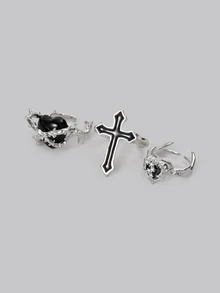 1-8pcs/Set Punk Harajuku Gothic Thorn Black & Silver Asymmetric Heart Cross Open Ring, Vintage 90s Y2K Grunge Accessories For Couples Halloween - Black - View 3