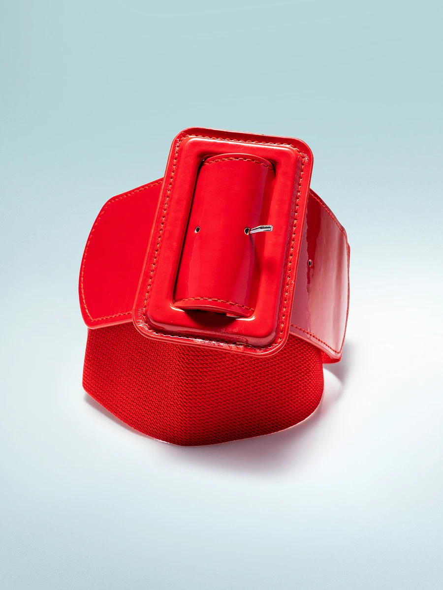 Rollcall 1pc Elastic Mirrored Leather Wide Waistband, Suitable For Dresses Summer, School Fall, Autumn, Halloween - Red - View 1