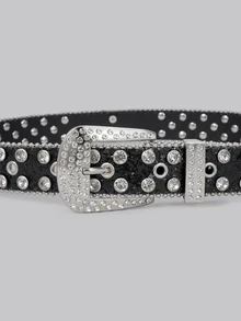DareSee Women's Shiny Street Fashion Leather Belt With Skull & Rhinestone Decor Summer, School Fall, Autumn, Halloween Back To School - Black - View 5