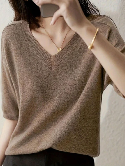 เสื้อกันหนาวคอวีสีพื้นแฟชั่นทันสมัย, เสื้อสวมหัวทรงหลวมสำหรับผู้หญิงฤดูร้อน