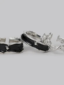 1-8pcs/Set Punk Harajuku Gothic Thorn Black & Silver Asymmetric Heart Cross Open Ring, Vintage 90s Y2K Grunge Accessories For Couples Halloween - Black - View 4