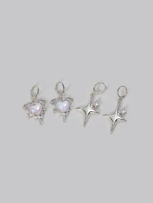 DareSee 4pcs/Set Women Fashion Heart & Star Drop Style Earrings, Y2K Themed Jewelry Gift Accessory For Daily Wear - Silver - View 1