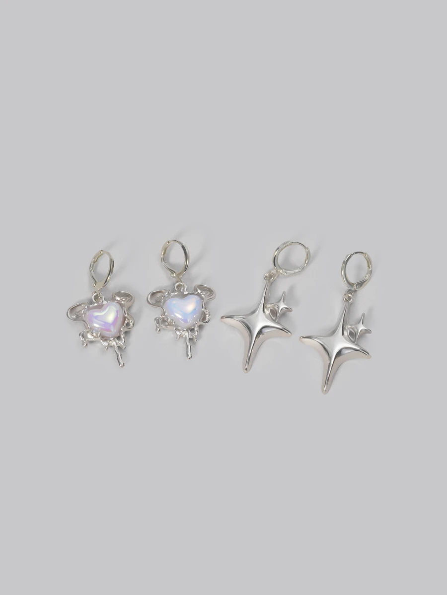 DareSee 4pcs/Set Women Fashion Heart & Star Drop Style Earrings, Y2K Themed Jewelry Gift Accessory For Daily Wear - Silver - View 1