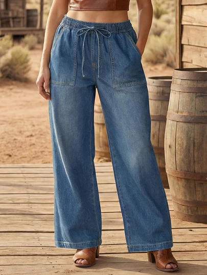 大码女式修身纯色水洗牛仔裤，带抽绳，适合各种场合，如度假、日常、旅行、乡村音乐节、机场、早午餐、约会、休闲漫步、通勤等，四季皆宜。