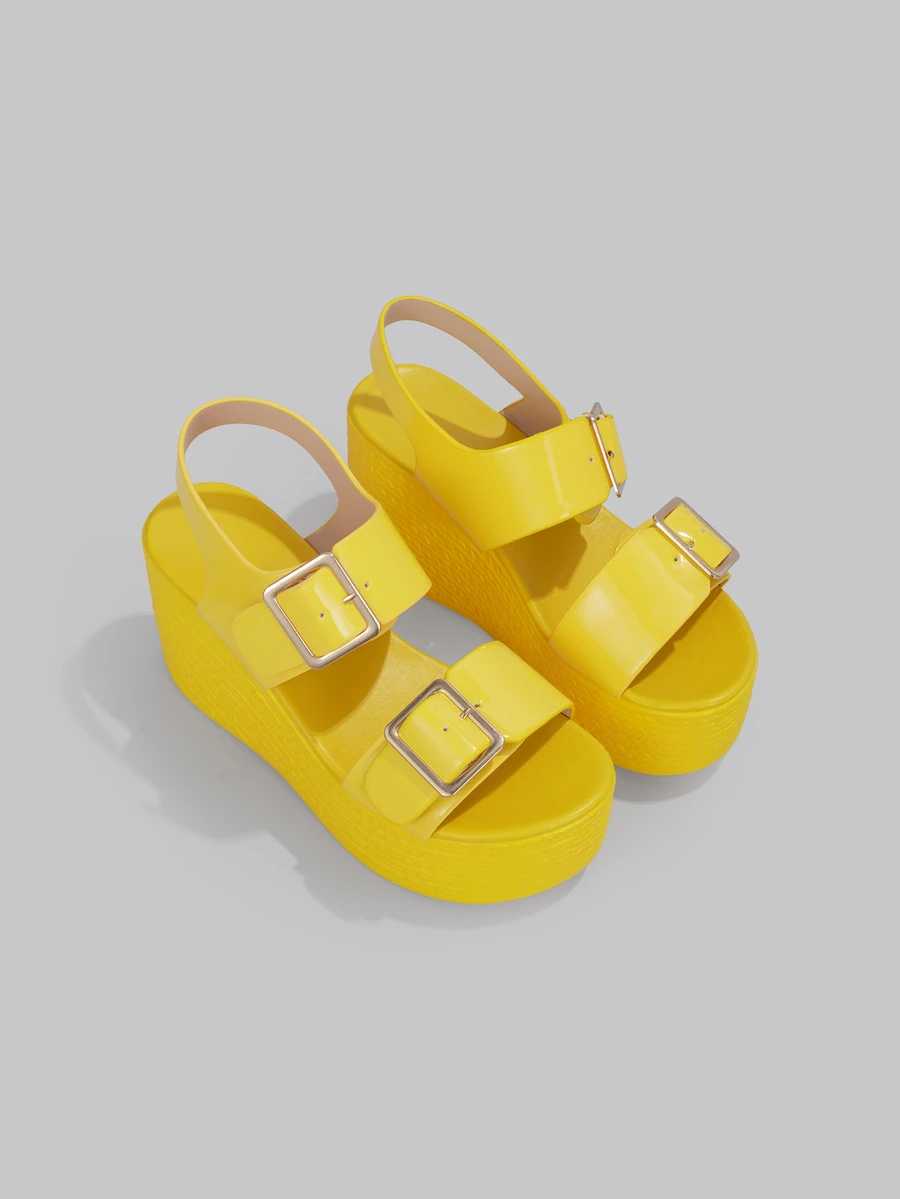DareSee Women's Platform Open Toe Wedge Sandals, Shiny Yellow Fashionable Versatile Thick Sole Anti-Slip Peep-Toe Summer High Heels - Yellow - View 1