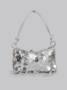 DareSee 1pc Gold Color Crescent Moon Shape Glitter PVC Shoulder Bag For Women, New , Beach - Silver - View 2