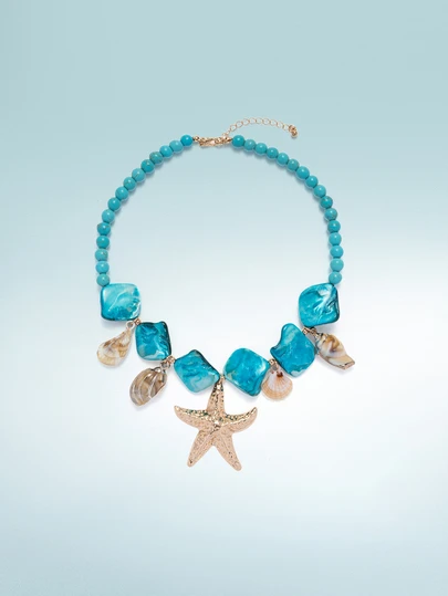 Rollcall 1pc Boho Style Faux Beaded Turquoise Acrylic Starfish Pendant Necklace, Vintage Jewelry Gift For Beach Vacation (Random Turquoise Texture)