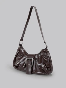 DareSee 1pc Vintage Milady Distressed Soft Leather Motorcycle Bag For Women, Decorated With Rivets, Buckles, Pleats, Cloud-Shaped, Suitable For Shoulder, Crossbody Or Handheld, For Work, Commute, Date, Party, Etc., Crescent Design, Fashionable Burgundy, Inspired By Femininity Halloween - Coffee Brown - View 3