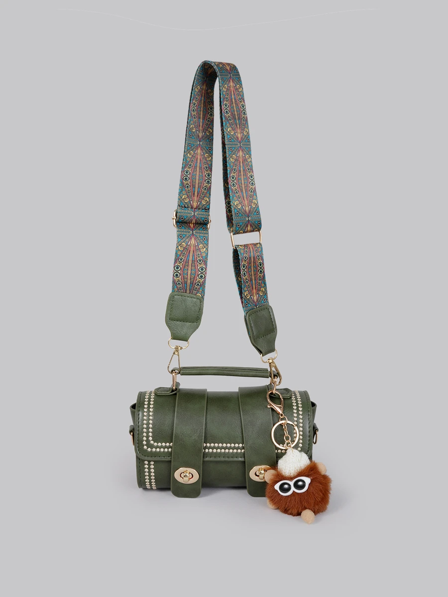 DareSee 1pc Retro Mini Barrel Handbag For Women, Daily Use (With Fur Decor) , Green , Beach Back To School - Dark Green - View 1
