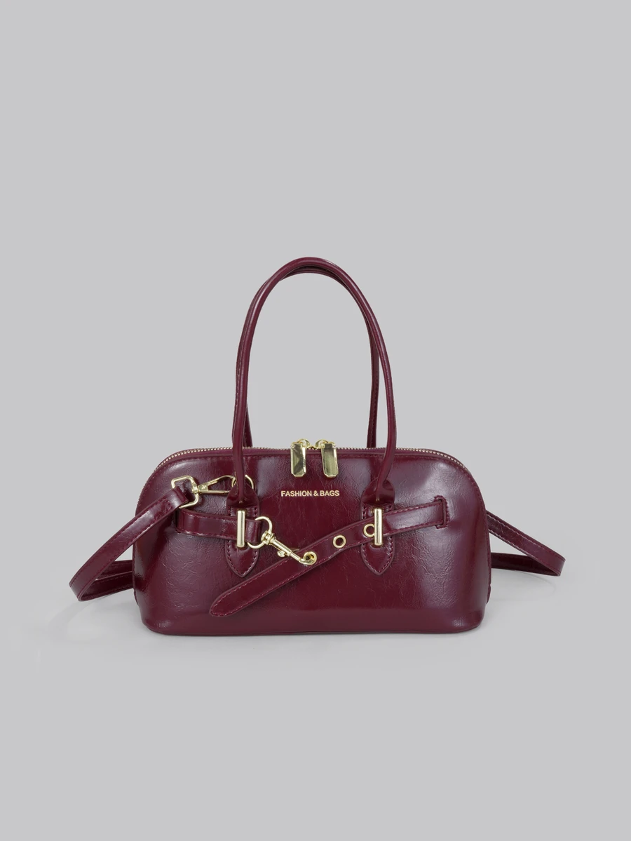 DareSee New Women's Handbag, Vintage Rivet Motorcycle Bag With Pleated Details, Crescent-Shaped Solid Color Shoulder Crossbody Bag, Y2K Style Motorcycle Bag - Burgundy - View 1