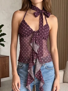 女士夏季优雅休闲紫色波点露背网纱荷叶边上衣，领口系带，适合派对、海滩度假和日常穿着 - 酒紅色 - 查看 2