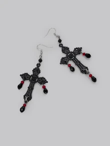 1 Cặp Hoa tai pha lê thủy tinh hình giọt nước và chữ thập phong cách Gothic cổ điển Châu Âu & Mỹ dành cho nữ, đeo hàng ngày - màu đen - Xem 3