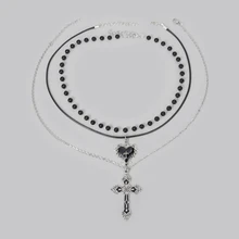 DareSee 3pcs Vintage Gothic Style Black Pearl Flower Heart Cross Necklace Set, Y2K Necklace Jewelry Set For Women - Black - View 1