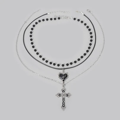 DareSee 3 件套复古哥特式黑珍珠花心十字架项链套装，Y2K 女士项链首饰套装