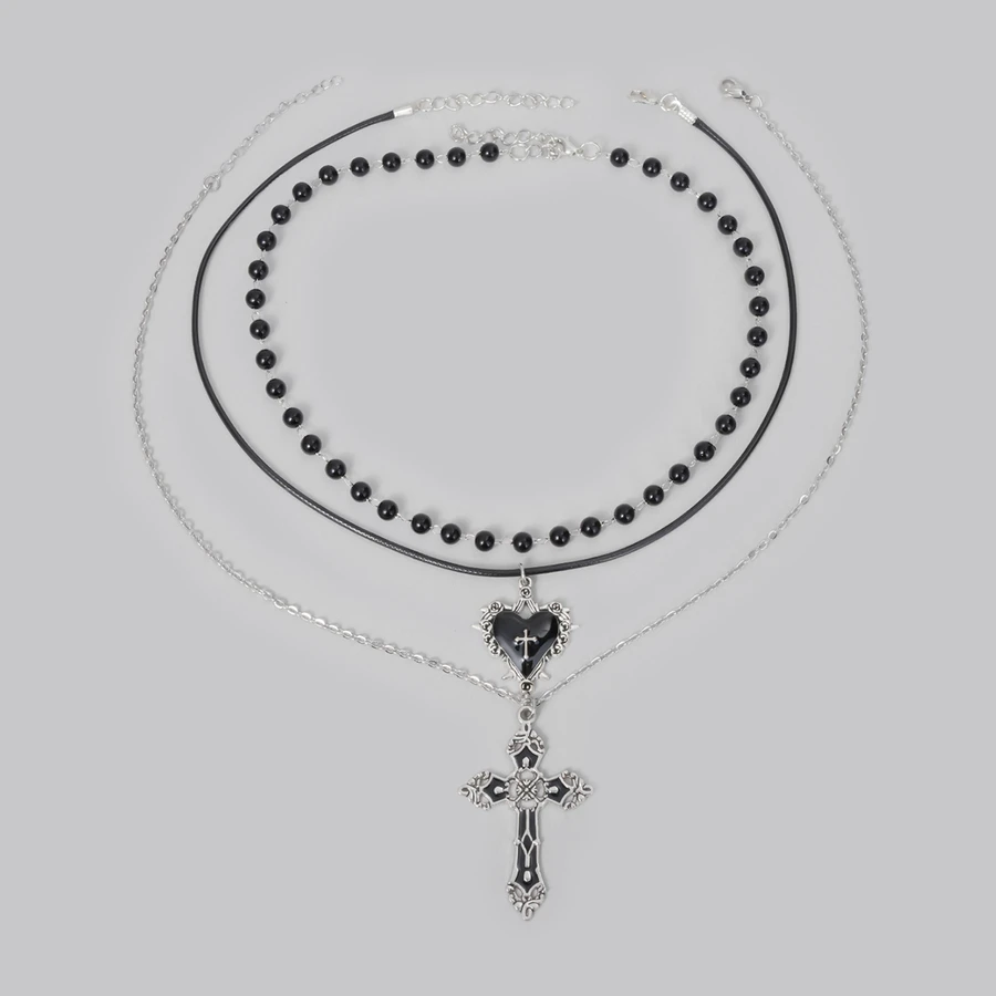 DareSee 3pcs Vintage Gothic Style Black Pearl Flower Heart Cross Necklace Set, Y2K Necklace Jewelry Set For Women - Black - View 1