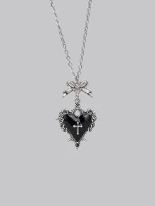 DareSee Gothic Y2K Subculture Black Heart Bow Thorn Pendant Necklace, Unique Design Choker Necklace Back To School - Black - View 4