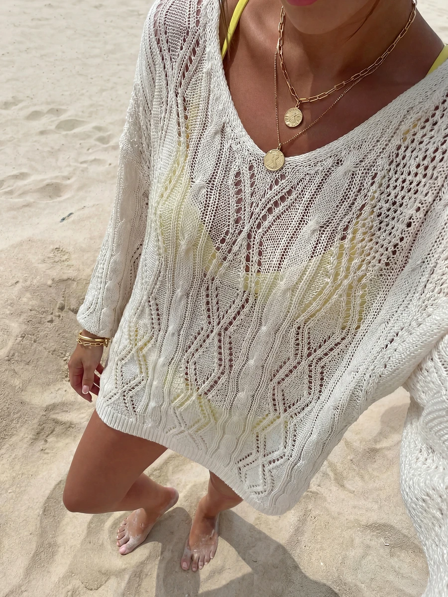 Women's Summer Loose Knit Cover Up, V-Neck Long Sleeve, Mid-Length, Breathable Knit Fabric, Apricot Color, Sweet & Casual, Suitable For Daily Wear, Commute, Beach, Travel Spring - Apricot - View 1