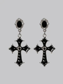 DareSee 1 Pair Gothic Dark Cool Cross Shaped Drop Earrings, Black Color, Suitable For Banquet, Party And Daily Wear Halloween - Black - View 1