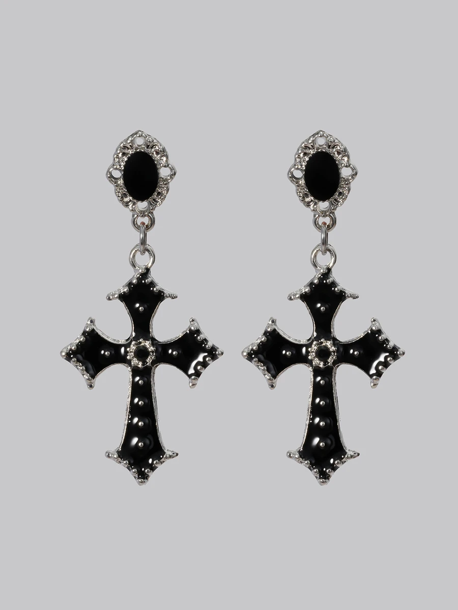 DareSee 1 Pair Gothic Dark Cool Cross Shaped Drop Earrings, Black Color, Suitable For Banquet, Party And Daily Wear Halloween - Black - View 1