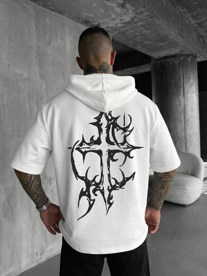 男士金属十字印花连帽短袖高街暗黑风上衣