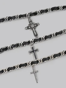 3 Styles Gothic Dark Style Chain & Rope Cross Pendant Fashion Bracelet For Women - Antique Silver - View 5