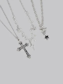 DareSee 3pcs Vintage Gothic Punk Style Rhinestone Star Bling Bling Layered Necklace Set, Rhinestone Star Halloween - Silver - View 4