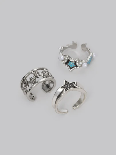 DareSee 3入組復古星星裝飾開環戒指,適用於女性日常佩戴