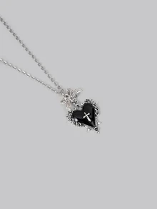 DareSee Gothic Y2K Subculture Black Heart Bow Thorn Pendant Necklace, Unique Design Choker Necklace Back To School - Black - View 3