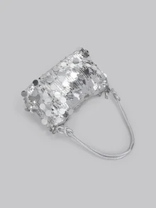 DareSee 1pc Gold Color Crescent Moon Shape Glitter PVC Shoulder Bag For Women, New , Beach - Silver - View 4