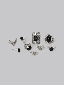 DareSee 9pcs Vintage Silver Gothic Black Rose Bat Heart Design Vampire Stackable Rings Set, Suitable For Women, Valentine's Day, Mother's Day Gift Back To School - Black - View 1