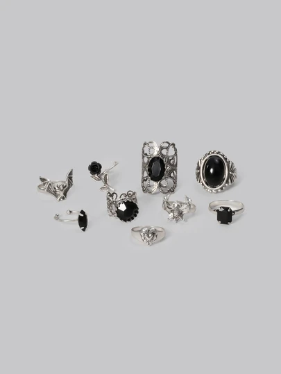 DareSee 9 Stücke Vintage Silber Gothic Schwarze Rose Fledermaus Herz Design Vampir Stapelringe Set, geeignet für Frauen, Valentinstag, Muttertags Geschenk