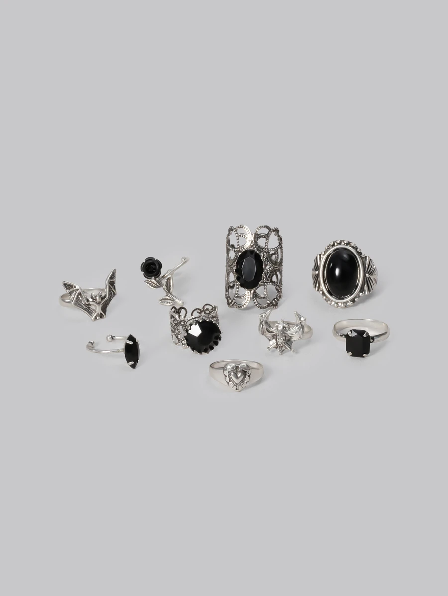 DareSee 9pcs Vintage Silver Gothic Black Rose Bat Heart Design Vampire Stackable Rings Set, Suitable For Women, Valentine's Day, Mother's Day Gift Back To School - Black - View 1