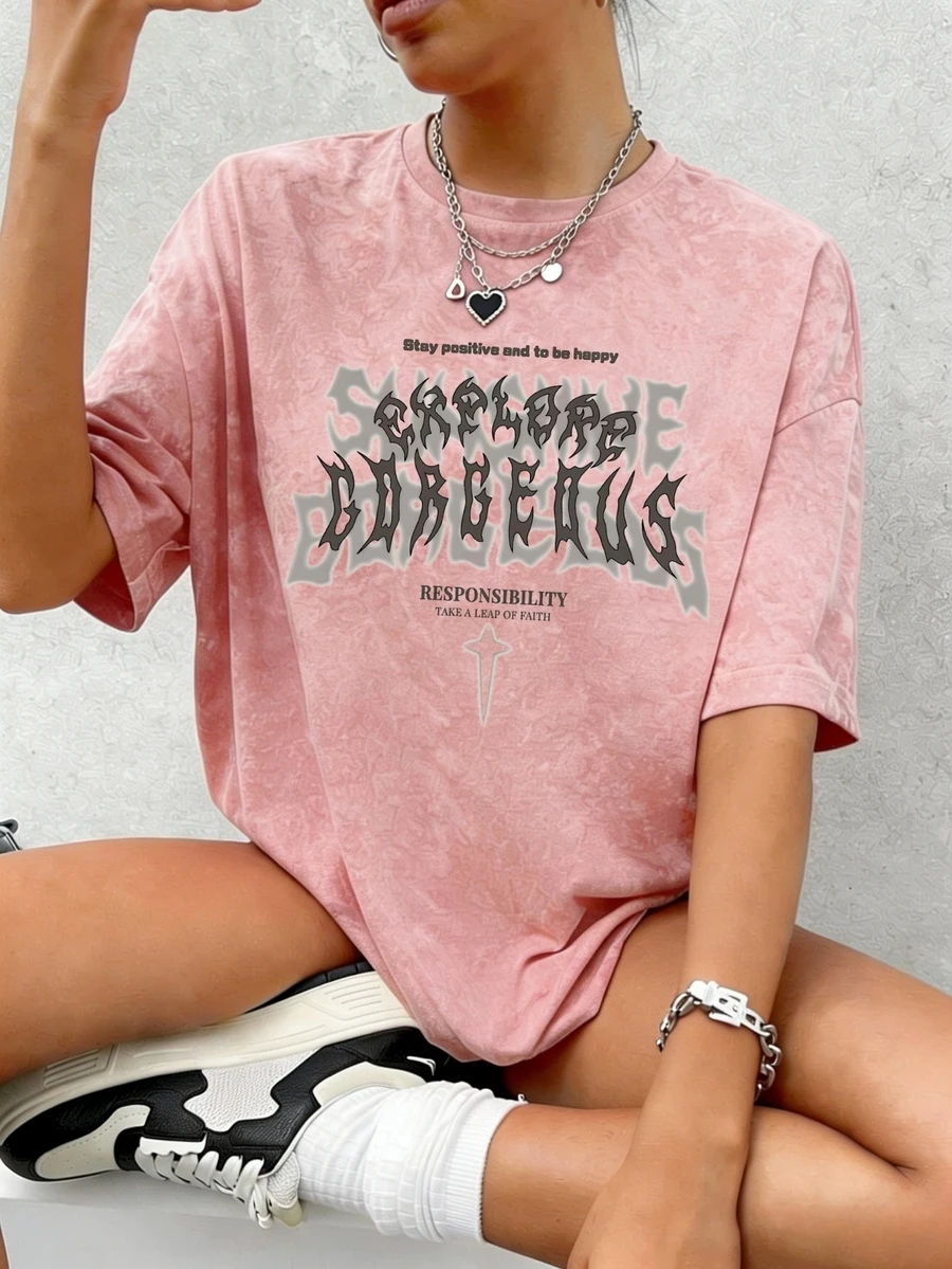 女士夏季短袖印花T恤，粉色休闲上衣，新款水洗面料 - 粉色 - 查看 1