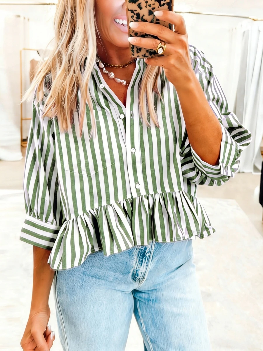 Women's Striped Casual Vacation Button-Front Loose Blouse, Spring/Summer - Olive Green - View 1