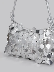 DareSee 1pc Gold Color Crescent Moon Shape Glitter PVC Shoulder Bag For Women, New , Beach - Silver - View 6
