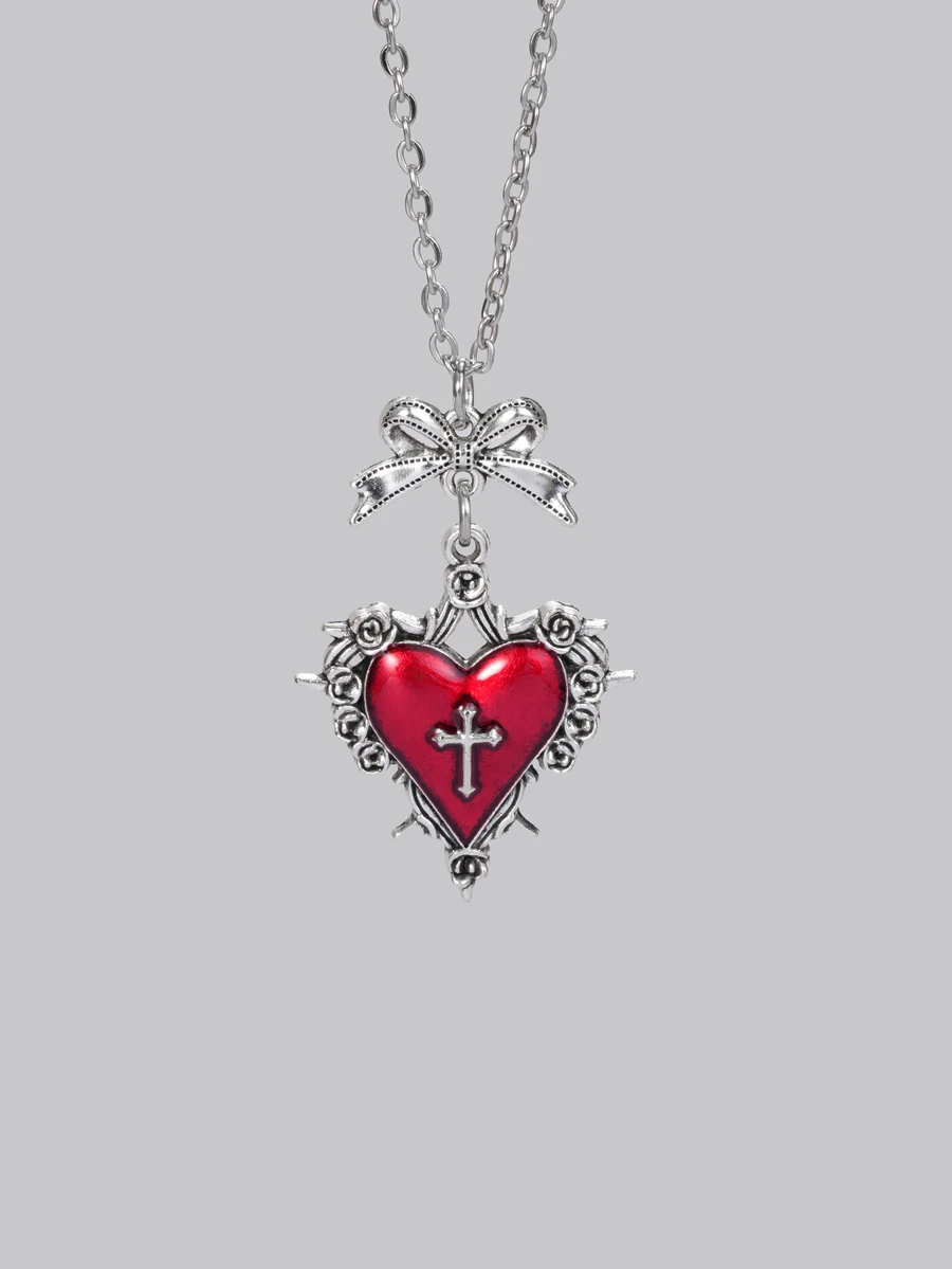 DareSee Vintage Gothic Style Y2K Red Heart & Thorn Pendant Necklace, Stainless Steel Chain Necklace, Y2K Style Necklace For Women Back To School - Silver - View 1