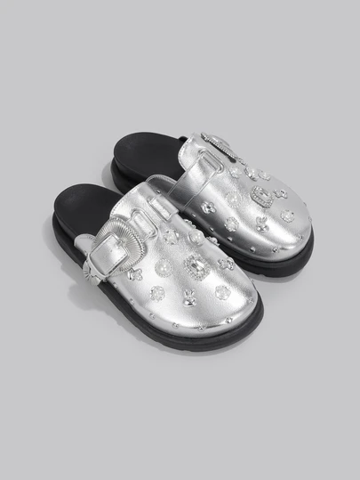 DareSee Women's Fashion Rhinestones Riveted Personalized Black Wedge & Platform Loafers(Suggested To Take A Larger Size),Mule Shoes