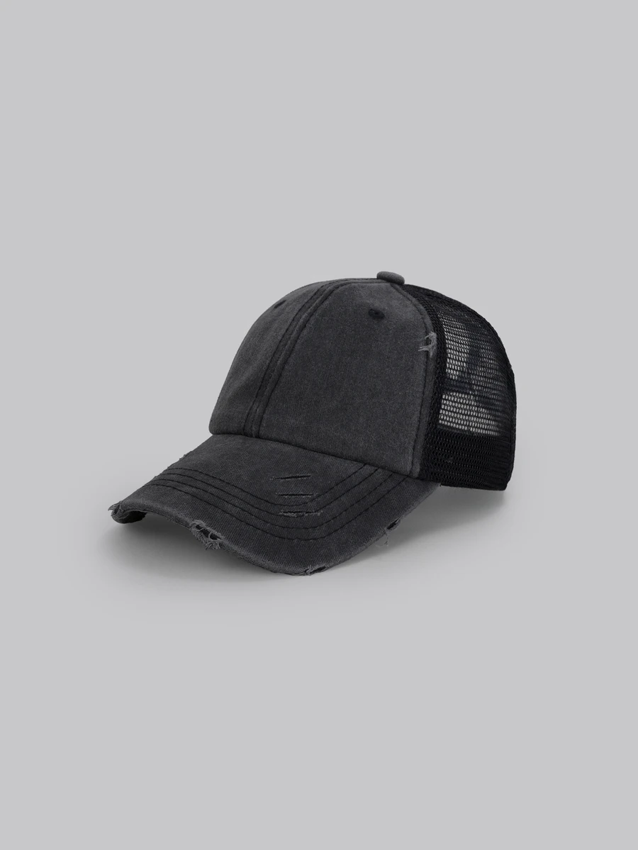 DareSee Gorra de béisbol de denim desgastado y vintage con agujero para coleta (la posición de cada agujero puede variar ligeramente) - Gris - Ver 1