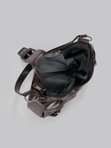 DareSee 1pc Vintage Milady Distressed Soft Leather Motorcycle Bag For Women, Decorated With Rivets, Buckles, Pleats, Cloud-Shaped, Suitable For Shoulder, Crossbody Or Handheld, For Work, Commute, Date, Party, Etc., Crescent Design, Fashionable Burgundy, Inspired By Femininity Halloween - Coffee Brown - View 5