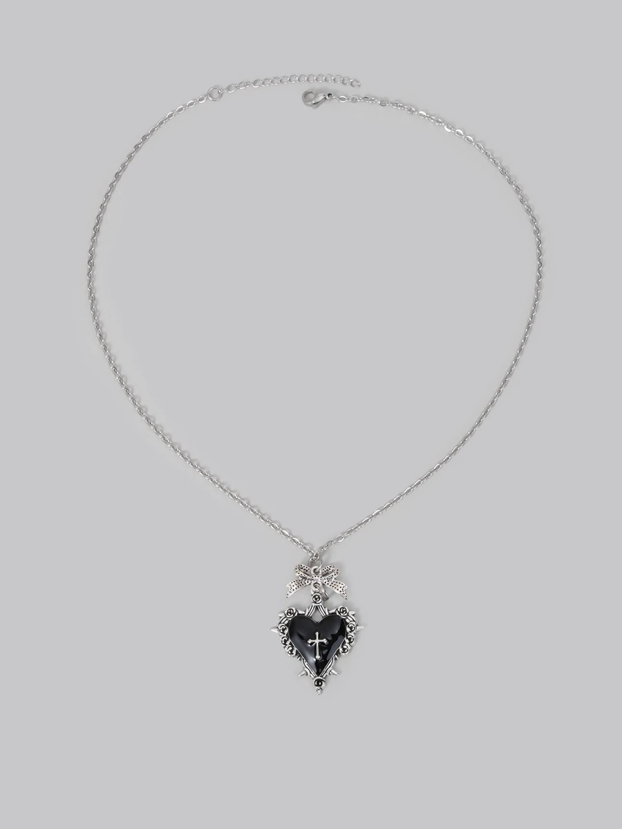 DareSee Gothic Y2K Subculture Black Heart Bow Thorn Pendant Necklace, Unique Design Choker Necklace Back To School - Black - View 1