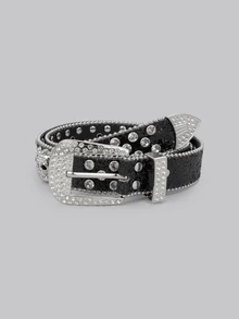 DareSee Women's Shiny Street Fashion Leather Belt With Skull & Rhinestone Decor Summer, School Fall, Autumn, Halloween Back To School - Black - View 3