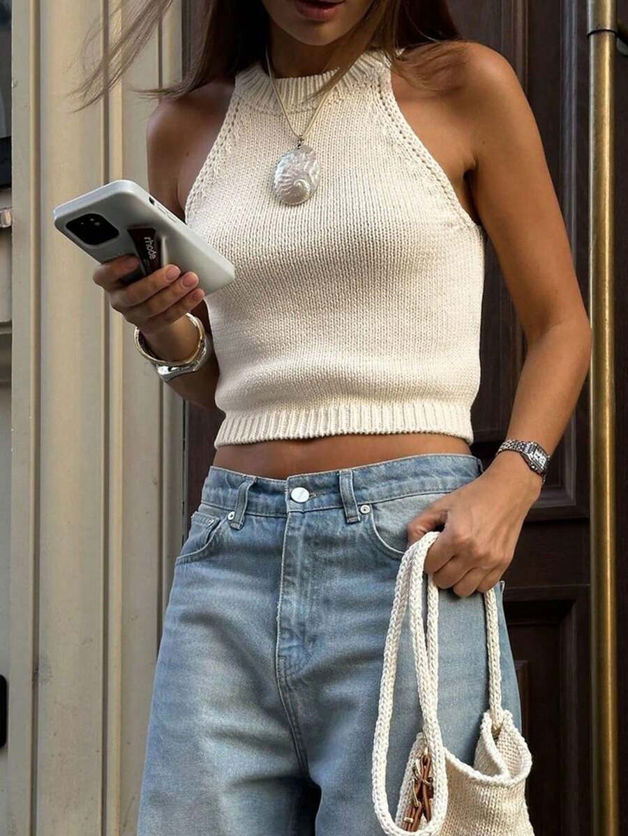 女士无袖短款针织上衣 - 纯色修身圆领，性感夏季度假必备单品，休闲街头风 - 杏色 - 查看 1