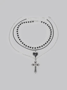 DareSee 3pcs Vintage Gothic Style Black Pearl Flower Heart Cross Necklace Set, Y2K Necklace Jewelry Set For Women - Black - View 3