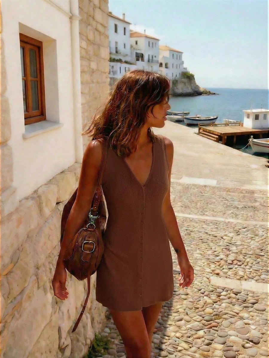 FOR BEAUTY 女士春夏新款杏色纯色针织连衣裙，无袖V领纽扣设计，休闲度假风，适合日常通勤和假日旅行，女士夏季服装，嘉年华装扮