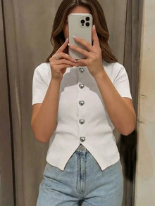 Áo khoác cardigan dệt kim cổ tròn cài nút hình trái tim mới của SEREN dành cho nữ, kiểu dáng giản dị, thanh lịch, phù hợp đi làm, ôm dáng, chiều dài tiêu chuẩn, màu hồng lễ hội, tay ngắn, thích hợp mặc hàng ngày vào mùa hè. - trắng - Xem 4