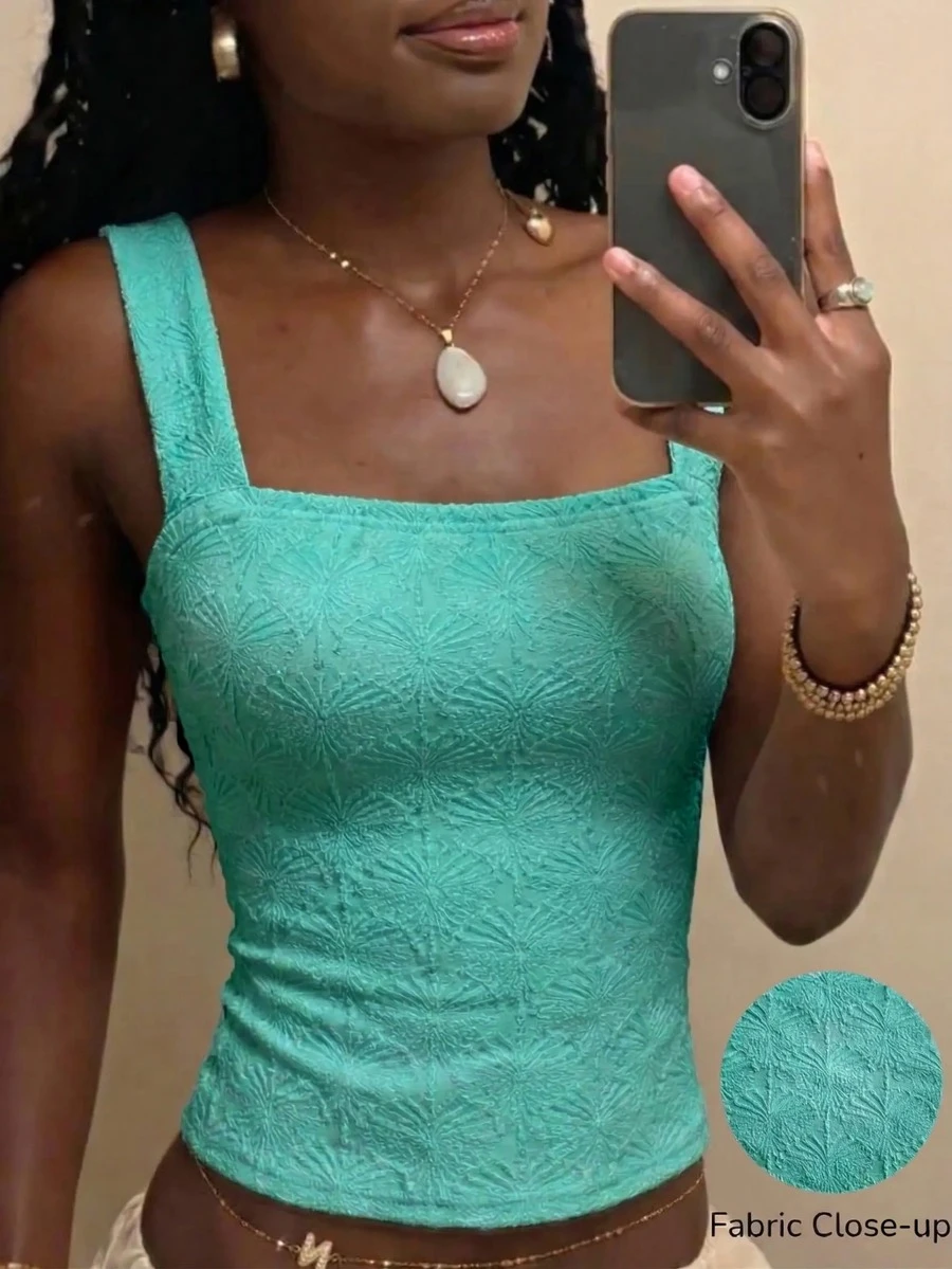 Áo tank top nữ gợi cảm ôm sát cổ vuông, chất liệu vải dệt jacquard màu trắng, kiểu dáng ôm vừa vặn, màu trơn, thích hợp mặc mùa hè. - Màu xanh Cadet - Xem 1