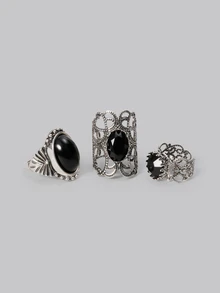 DareSee 9pcs Vintage Silver Gothic Black Rose Bat Heart Design Vampire Stackable Rings Set, Suitable For Women, Valentine's Day, Mother's Day Gift Back To School - Black - View 3