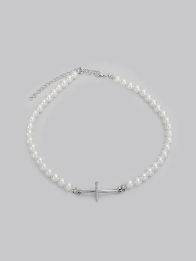 DareSee 1pc Grey & White Faux Pearl Beaded Cross Necklace, Fashionable Luxurious Multi-Color Copper Necklace, Gothic Style Suitable For Men & Women, Party & Daily Wear, Jewelry Gift