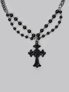 1pc Goth Style Dark Cross Pendant Necklace, Fashion Jewelry Suitable For Party, Halloween And Daily Wear - Black - View 2