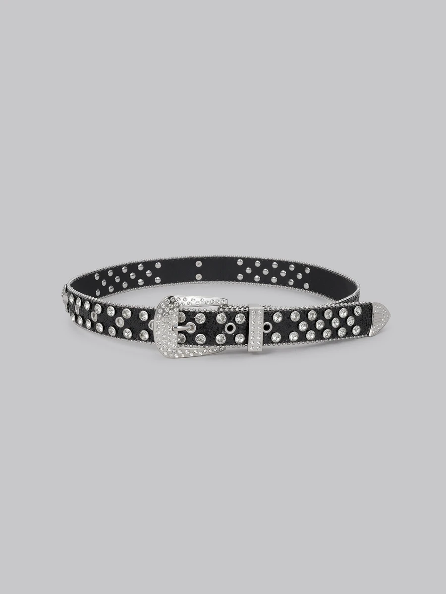 DareSee Women's Shiny Street Fashion Leather Belt With Skull & Rhinestone Decor Summer, School Fall, Autumn, Halloween Back To School - Black - View 1